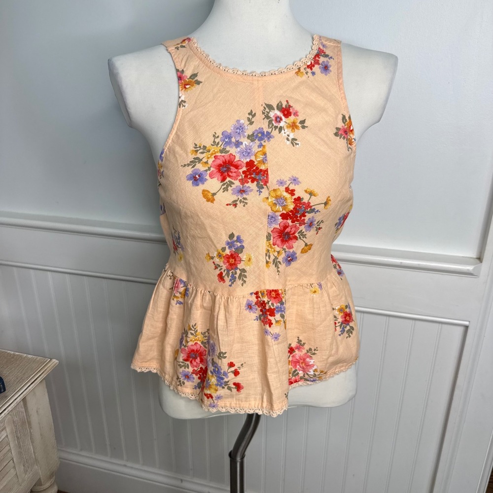 American Eagle Floral Peplum Top Peach Cotton Linen Lace Trim NWT Small